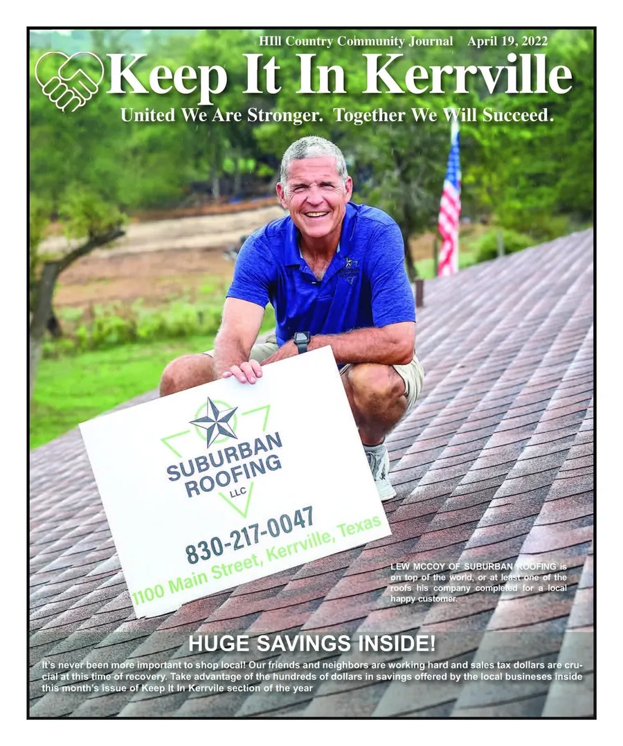 Lew McCoy, owner of Suburban Roofing, on a completed roof in Kerrville TX